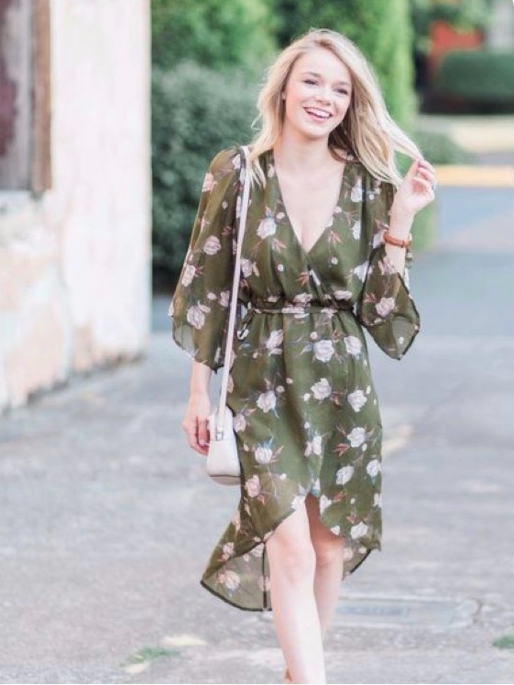 EUC Bailey Blue Olive Green Floral Wrap Midi Dress Women's Size Small